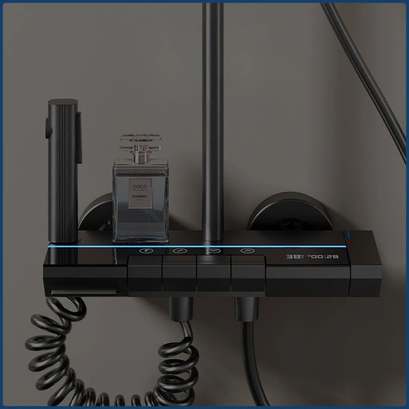 Grey Intelligent Digital Shower System Wall Mounted Bathroom Shower Faucet Set Temperature Display Rainfall Bathroom Shower Set