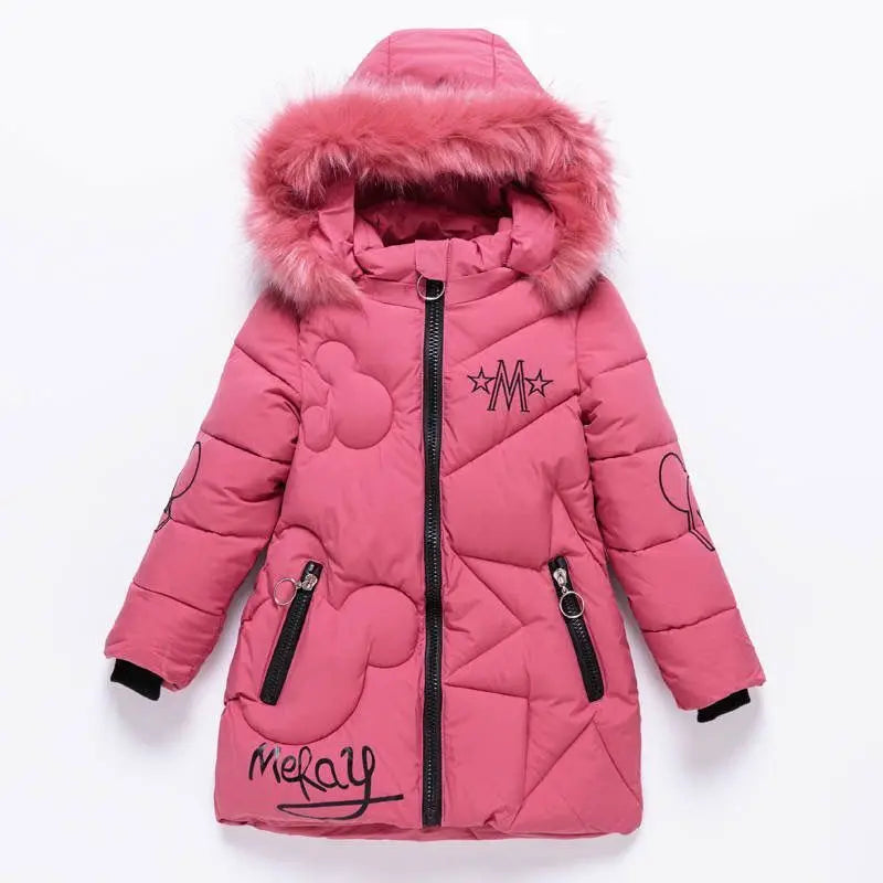 5-14 Years Old Winter Boys Girls Jacket Long Style Hooded Fur Collar Colorful Heavy Coat For Kids Children Outerwear