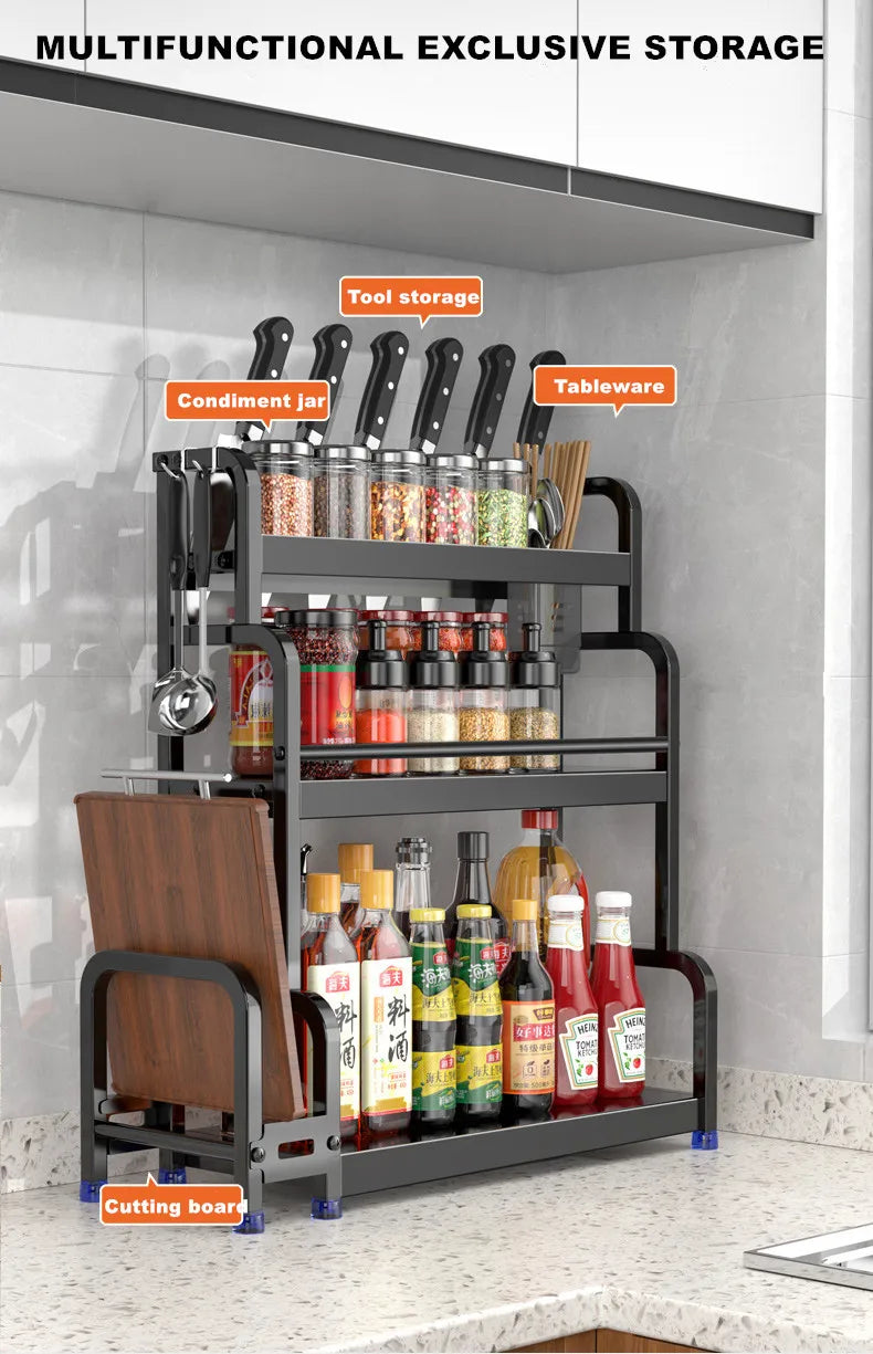 2/3Layer Kitchen Storage Shelf Stainless Steel Seasoning Jar Spice Storage Rack Chopsticks Knife Shelf Bar Organizer Accessories
