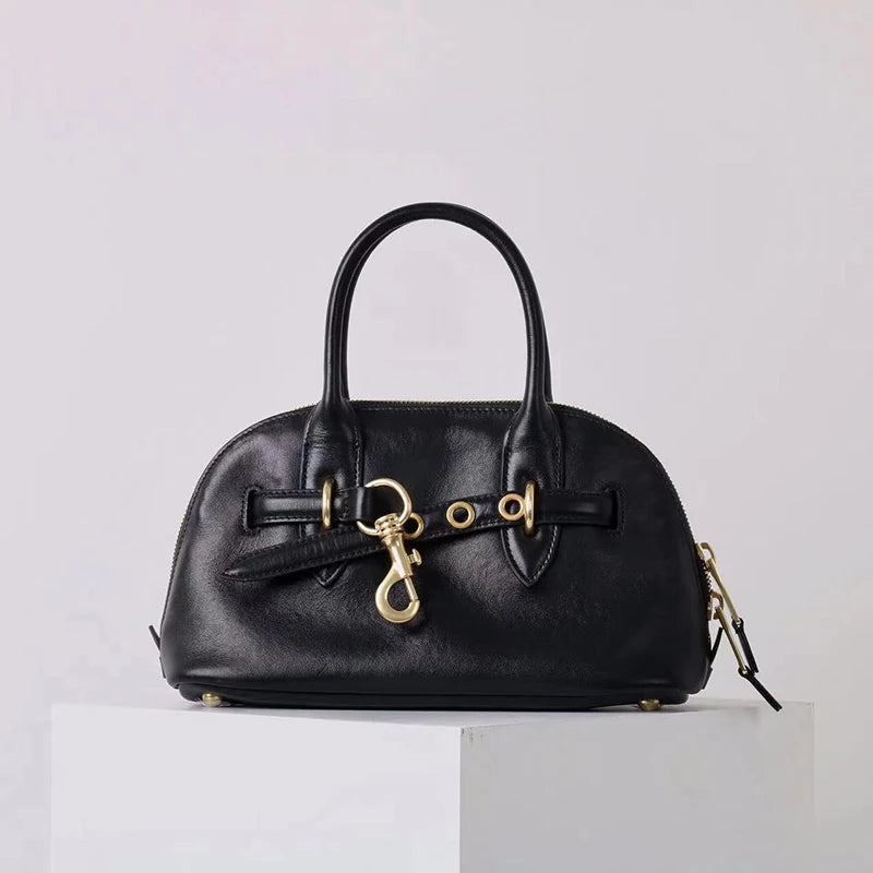 2025 Luxury Brand Genuine Leather Women Handbags Fashion Gold Buckle Shoulder Bags Women Spring Retro Sheepskin Boston Bags Lady