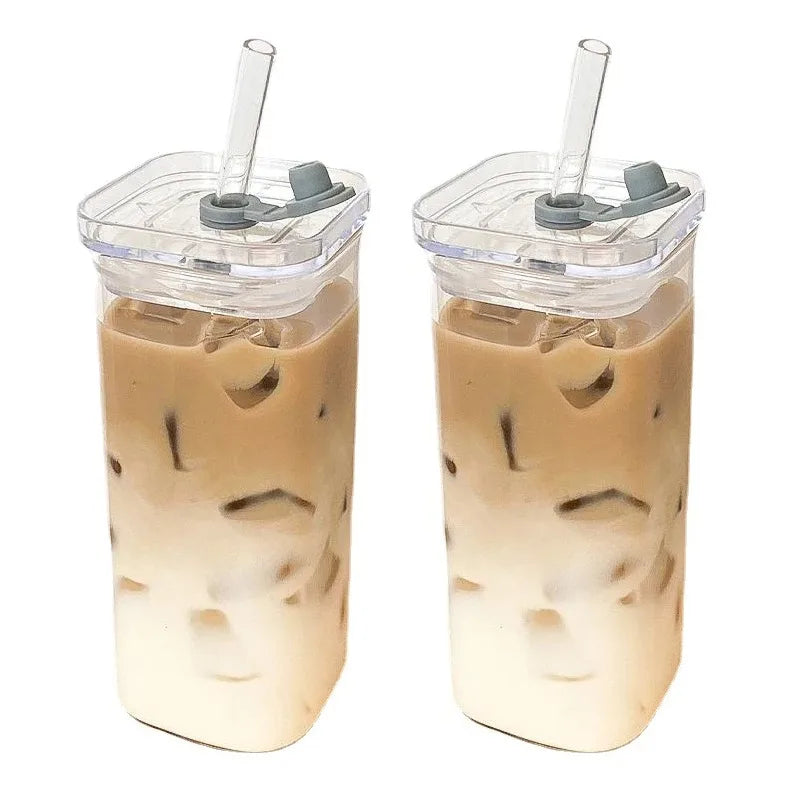 2PCS Square Heat Resistant Coffee Glass Cup With Lid and Straw Transparent Milk Tea Juice Cups Coffee Mug For Home Bar Drinkware