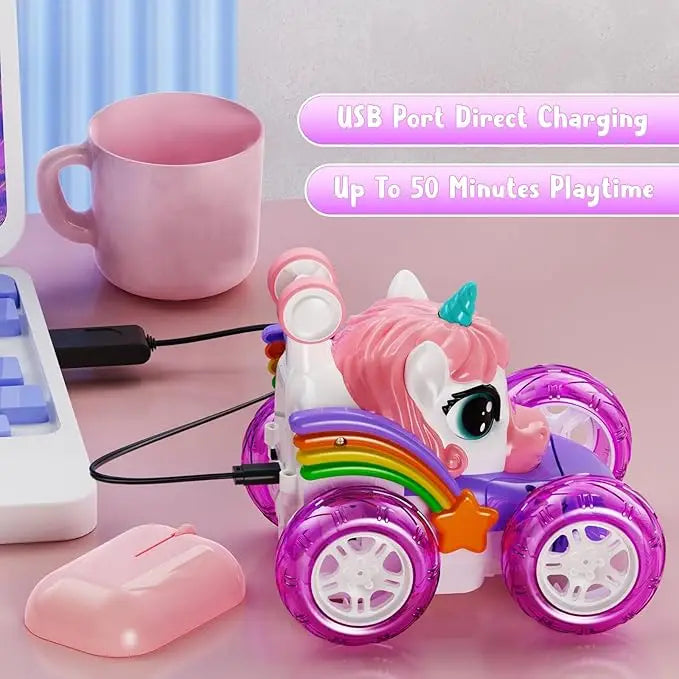 Unicorn Remote Control Car for Girls, 360° Rotating 4WD Stunt RC Cars with Cute Lights, Rechargeable Toys-Kid Birthday Gifts