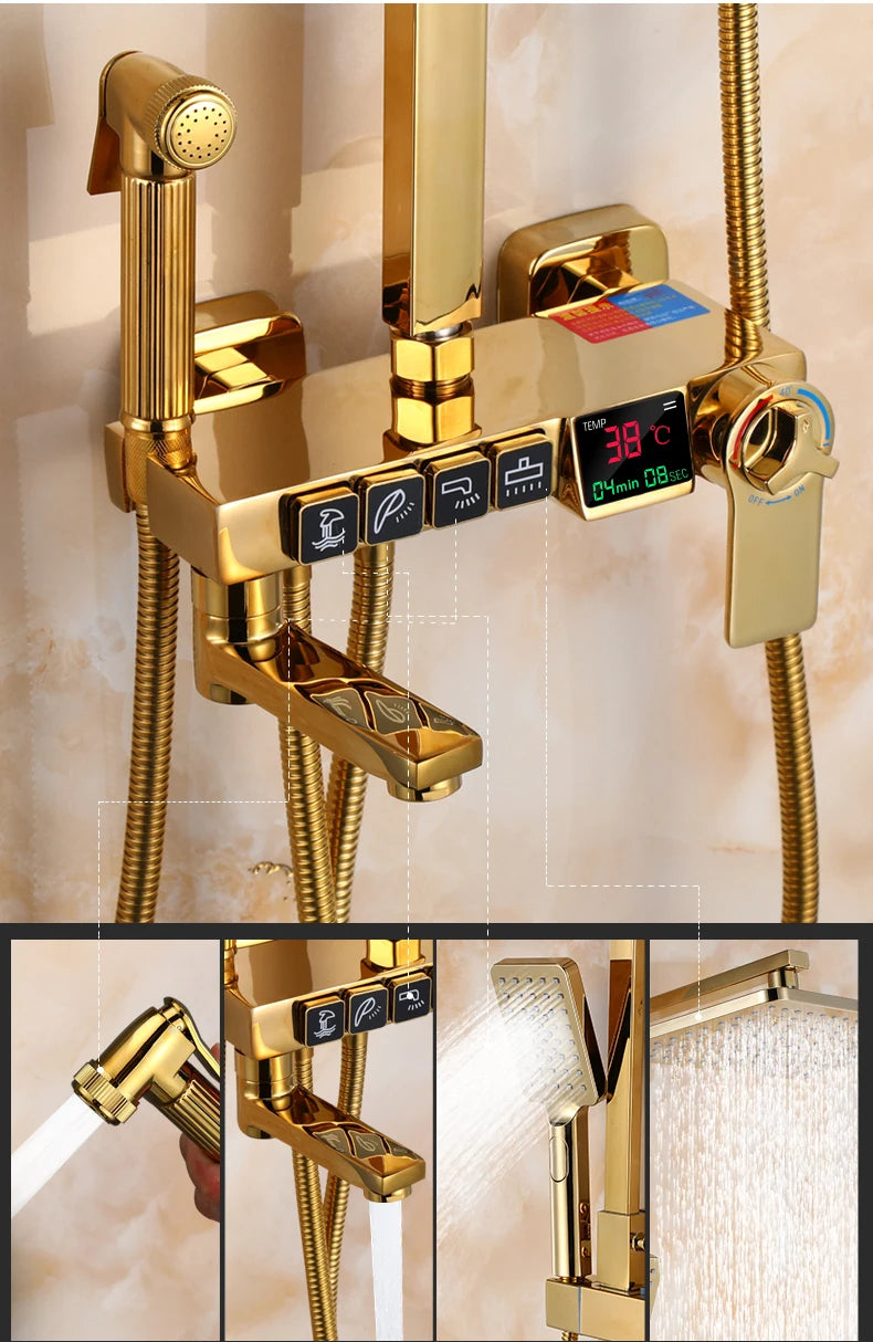 Thermostatic Digital Bathroom Shower Set Rainfall Shower Head Brass Bathroom Faucet Accessories Hot Cold Digital Shower System