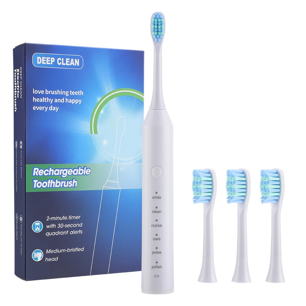Electric Sonic Toothbrush 2-Minute Smart Timer 6 Modes  Deep Clean With 4 Brush Heads Oral Care Rechargeable for Adults