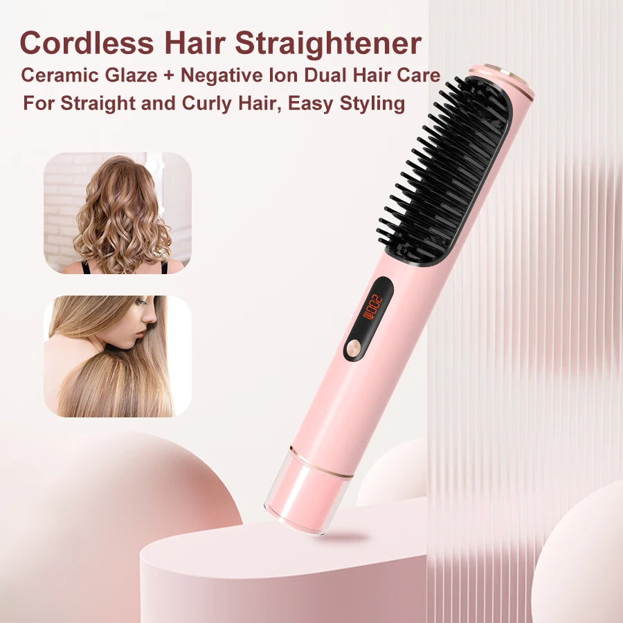 LED Hair Straightener Brush - Cordless Hot Air Styling Comb w/ Ceramic Ion Tech, Adjustable Temp & USB-C Fast Charge