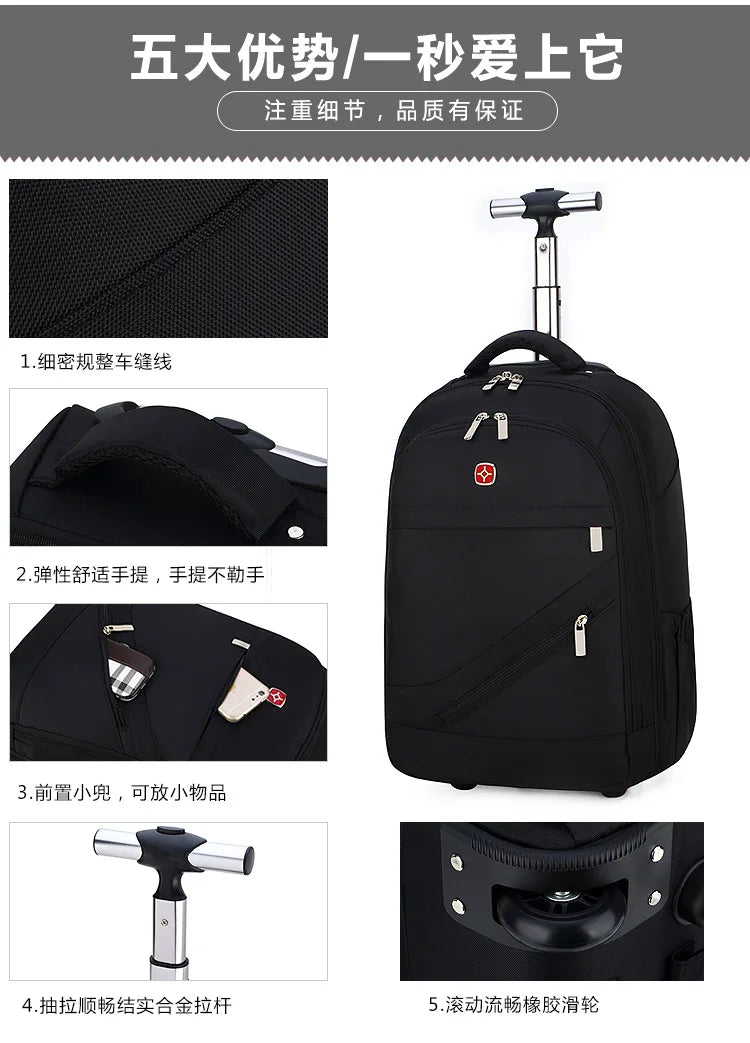 Men Trolley Backpack Shoulders Travel Bag with Wheels 24 Inch Students Rolling Luggage Business Trolley Large Capacity Suitcases