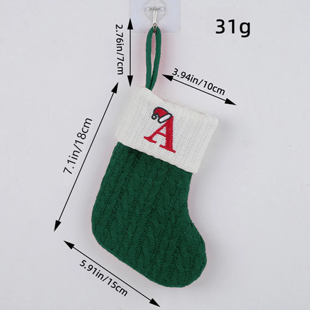 Green A-Z Letter Hanging Christmas Stockings Monogram Knitted Socks Fireplace Christmas Tree Hanging Party Decoration