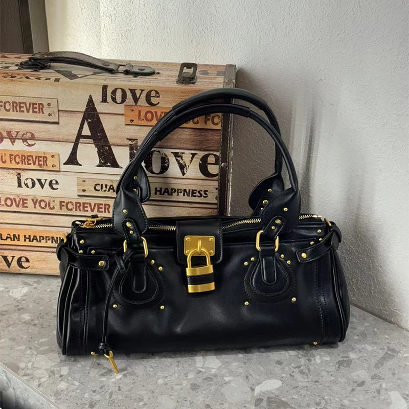 Vintage Lock Design Tote Bag Luxury Women's Handbag Underarm Bag Women's Large Boston Hobo Bag Fashion Texture Business Handbag