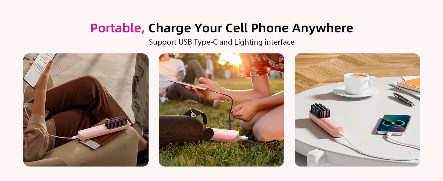 Cordless Hair Straightener Brush 10,000mAh Portable 300M Negative Ions for Frizz-Free Shine Fast Heating, Gift for Women