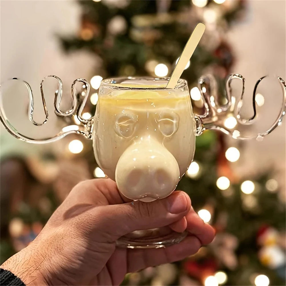 3-1PCS 240ml Christmas Vacation Eggnog Moose Mug Xmas Reindeer Head Creative Elk Glass Clear Wine Water Juice Milk Cup Drinkware