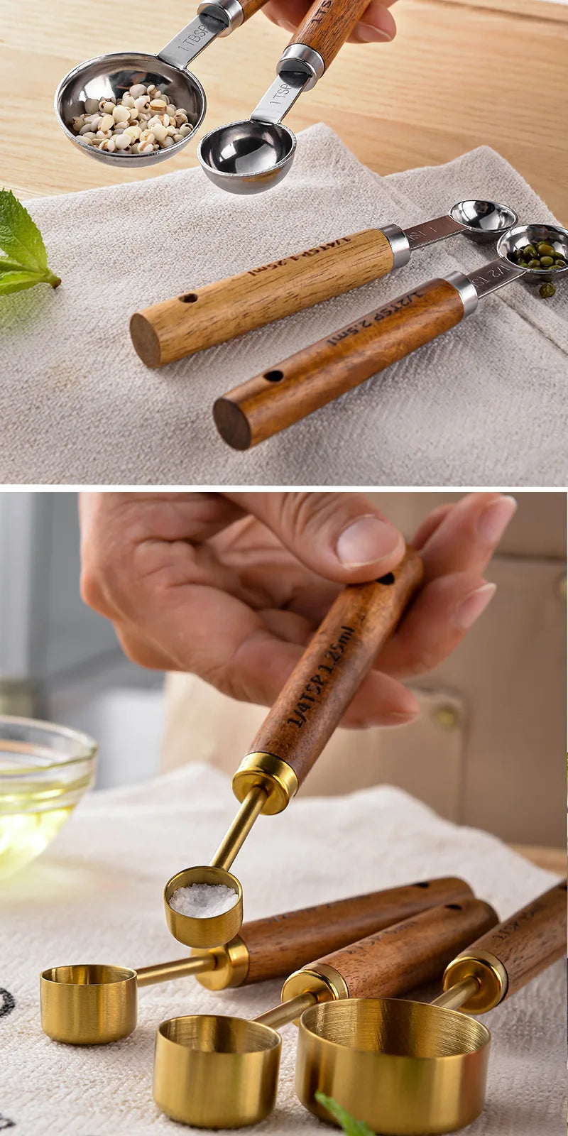 Measuring Spoon Set Wooden Handle Stainless Steel Measuring Cups Spoons Baking Tools Coffee Bartending Scale Kitchen Accessories