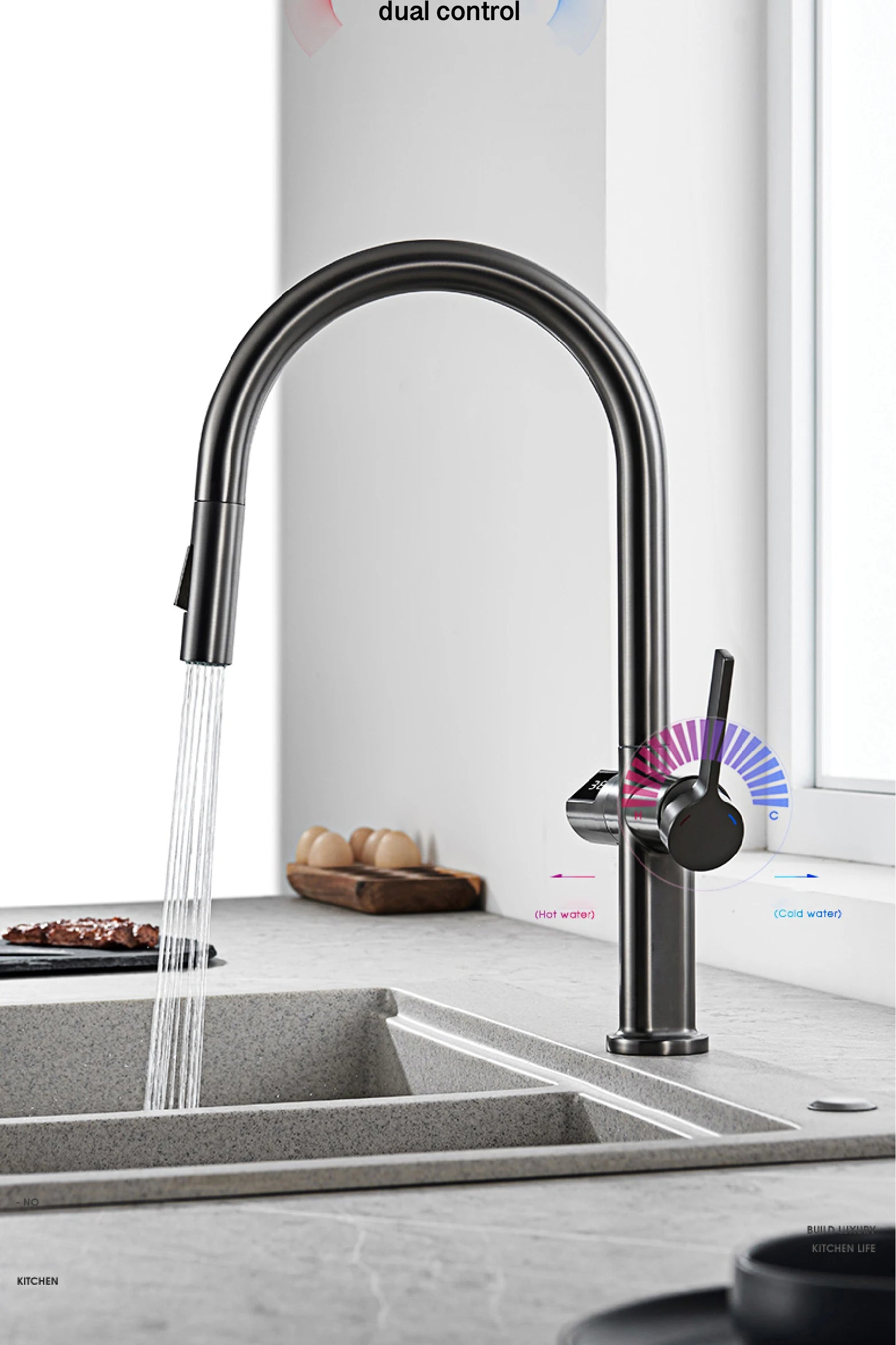 Luxury brass gun gray kitchen faucet LED digital sensing design single handle hot & cold water pull-out type 2-function sink Tap
