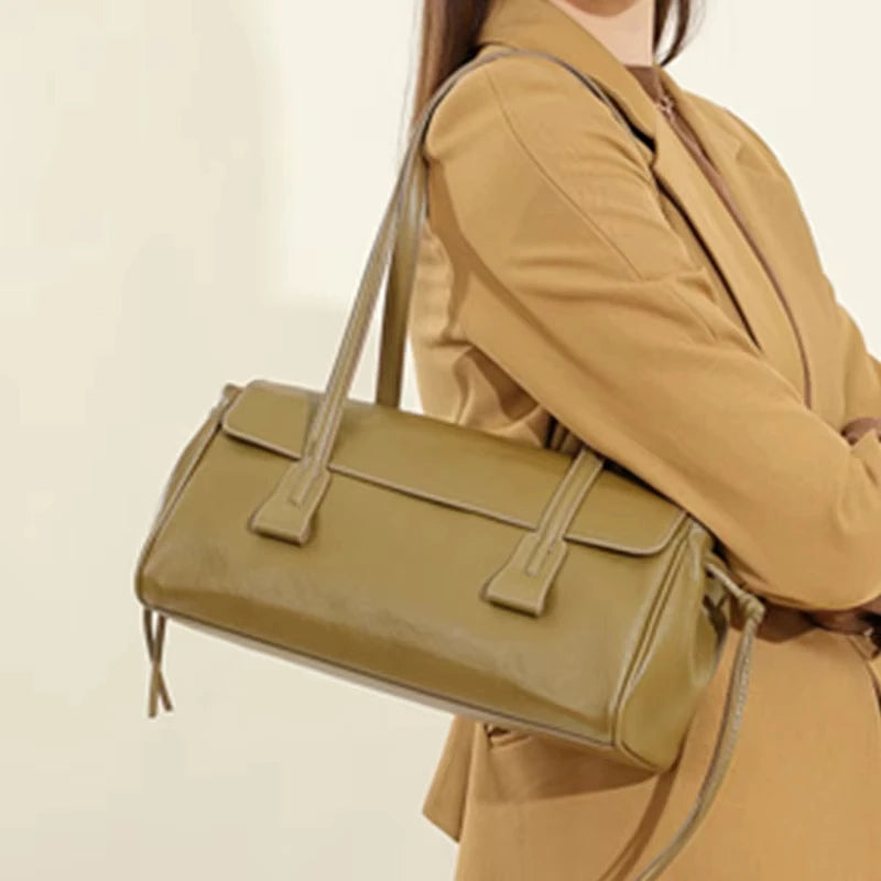 2025 New Genuine Leather Women's Shoulder Bag Large Capacity Cowhide Luxury Handbag Long Strip Black Baguette Bag Female