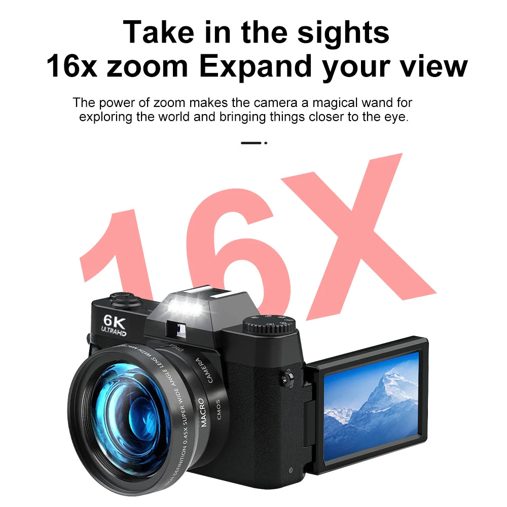 6K Digital Photography Camera 16X Digital Zoom 64MP Vintage Vlog Video Recorder YouTube 180° Flip Screen WiFi Web Cam With Flash