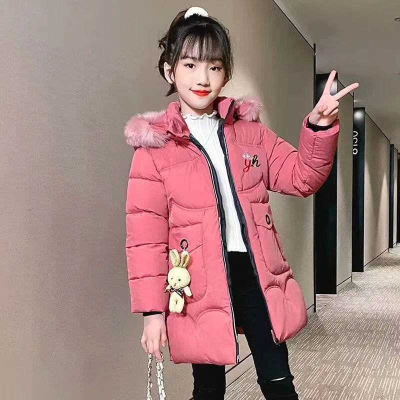 5-14 Years Old Winter Boys Girls Jacket Long Style Hooded Fur Collar Colorful Heavy Coat For Kids Children Outerwear