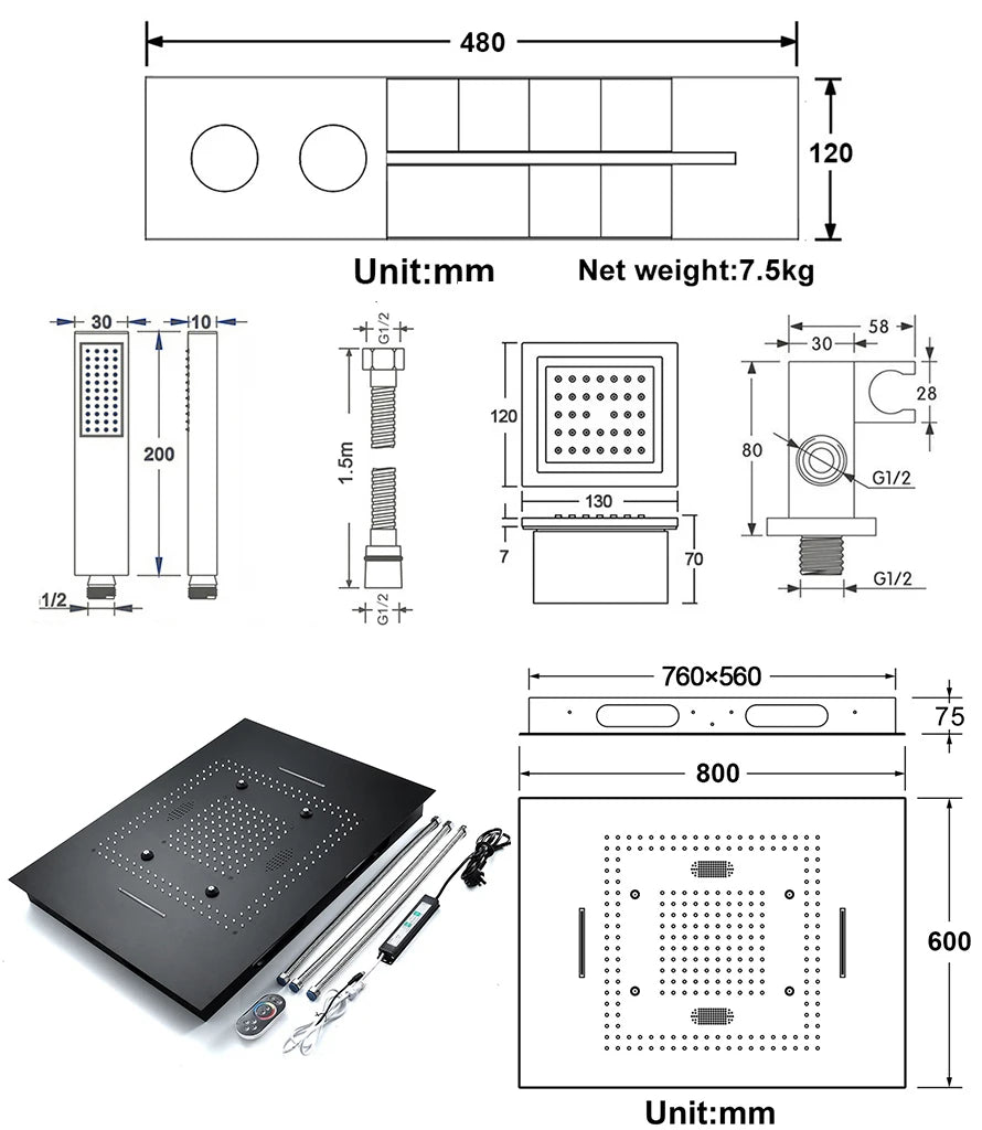 M Boenn Large 23 ×31 Inch Music LED Shower Head Rainfall Thermostat Shower System Bathroom Faucet Set Powerful Massage Body Jet