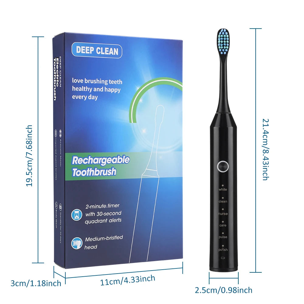 Electric Sonic Toothbrush 2-Minute Smart Timer 6 Modes  Deep Clean With 4 Brush Heads Oral Care Rechargeable for Adults