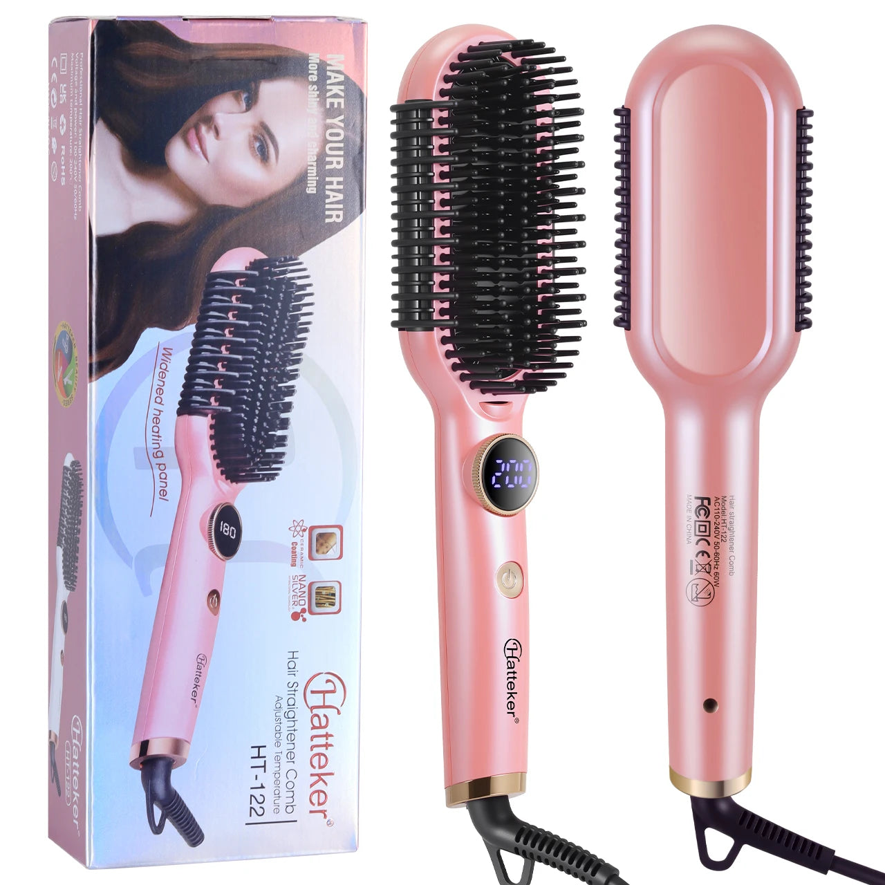 Hatteker Multi-Setting Hair Styling Comb Adjustable Temperature Volumizing Straightening/Curling Brush Hair Straightener Comb