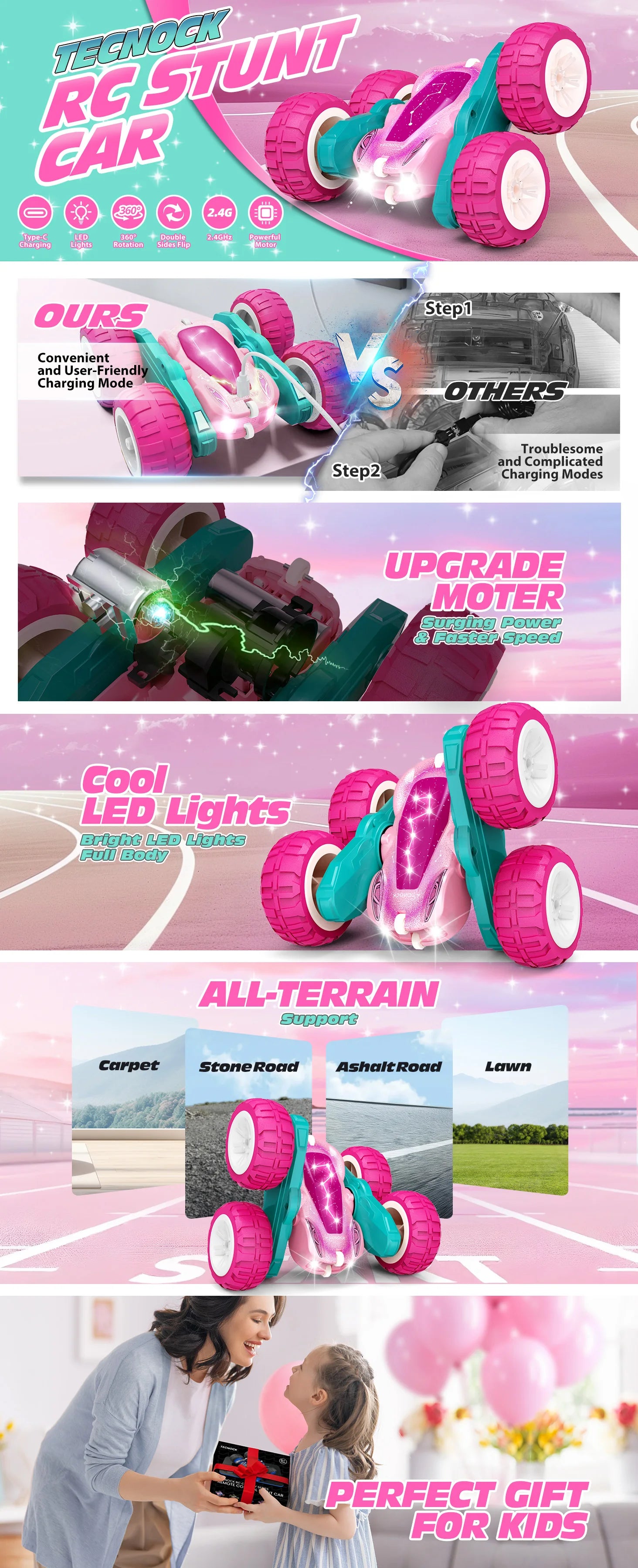 Remote Control Car with Lights, Type-C Fast Charging, 2.4GHz Double Sided Flips RC Cars, 360° Rotates RC Stunt Car Toys for Kids