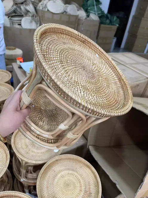 Handwoven Rattan Balcony Side Table Vintage Sofa Coffee Table  Durable Dessert and Snack Stand Japanese  Bedroom Organizer