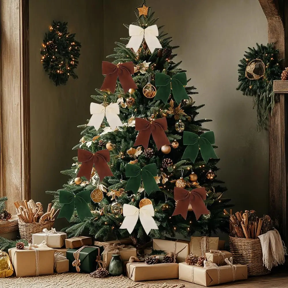 5PCS Christmas Velvet Bows 6 Inch Rustic Wreath Bows Vintage Xmas Ribbon Bow Holiday Ornaments  Christmas Tree Garland DIY Craft