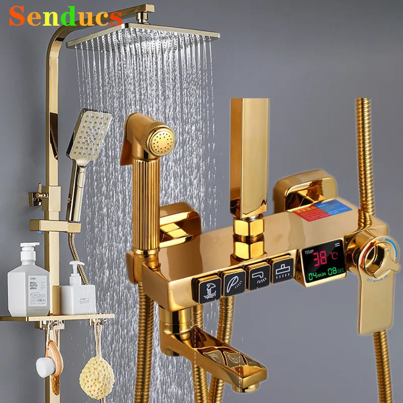 Thermostatic Digital Bathroom Shower Set Rainfall Shower Head Brass Bathroom Faucet Accessories Hot Cold Digital Shower System