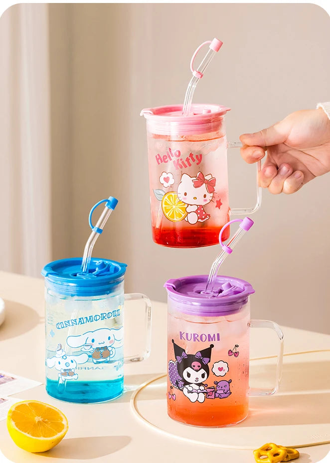 For Sanrio Collaboration Straw Glass Cup Transparent Coffee Mug Cartoon Print Water Cup with Scale＆Handle Home/Office Drinkware