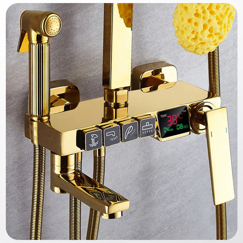 Thermostatic Digital Bathroom Shower Set Rainfall Shower Head Brass Bathroom Faucet Accessories Hot Cold Digital Shower System