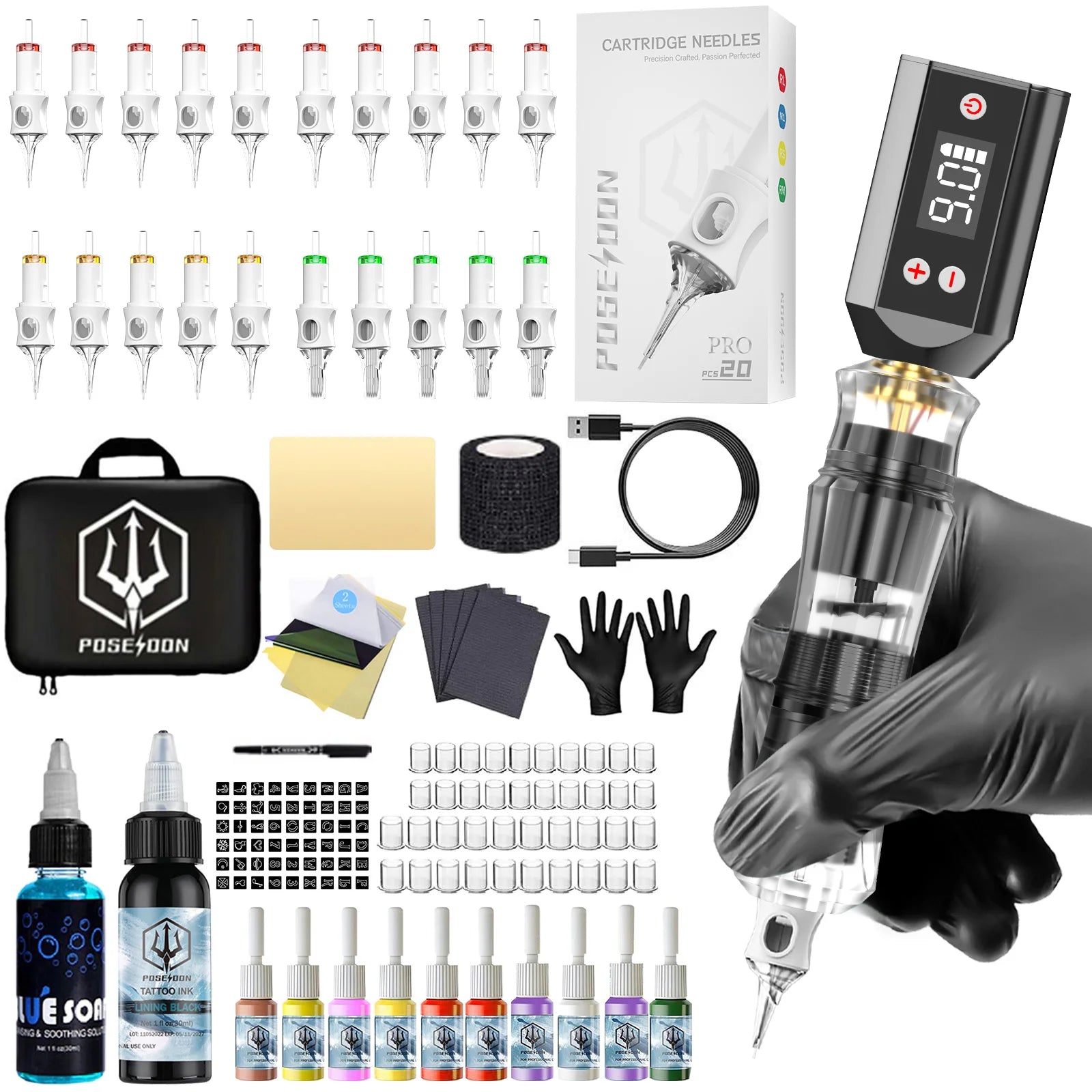 Tattoo Kit POSEIDON V6 New Tattoo Pen Kit For Permanent Makeup Tattoo Machine Kit transparently Tattoo Power Supply Tattoo Kit