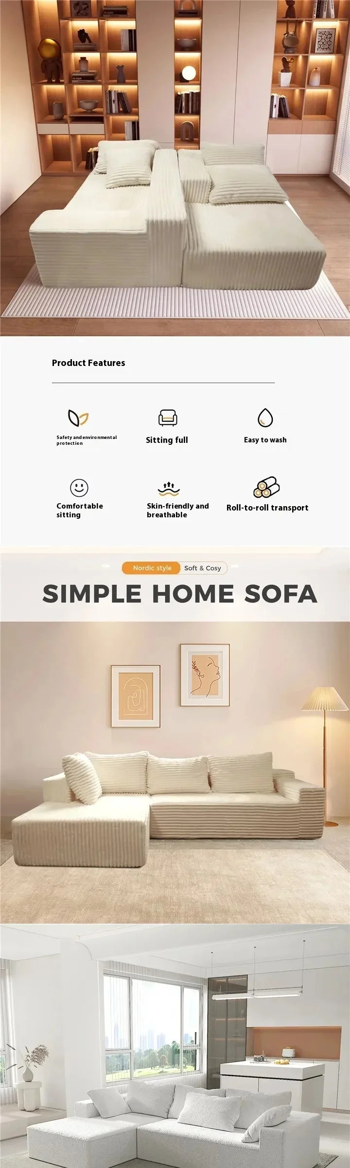 Vacuum Compression Sofa, Nordic Splicing Combination Sofa Bed, Beige/beige Cashmere and Rabbit Fur Are Optional, Customizable