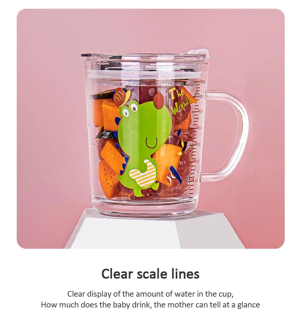 350ml Cute Unicorn Children Milk Cup With Scale Transparent Breakfast Cup With Straw Lid Cartoon Glass Cup For Kids Drinkware