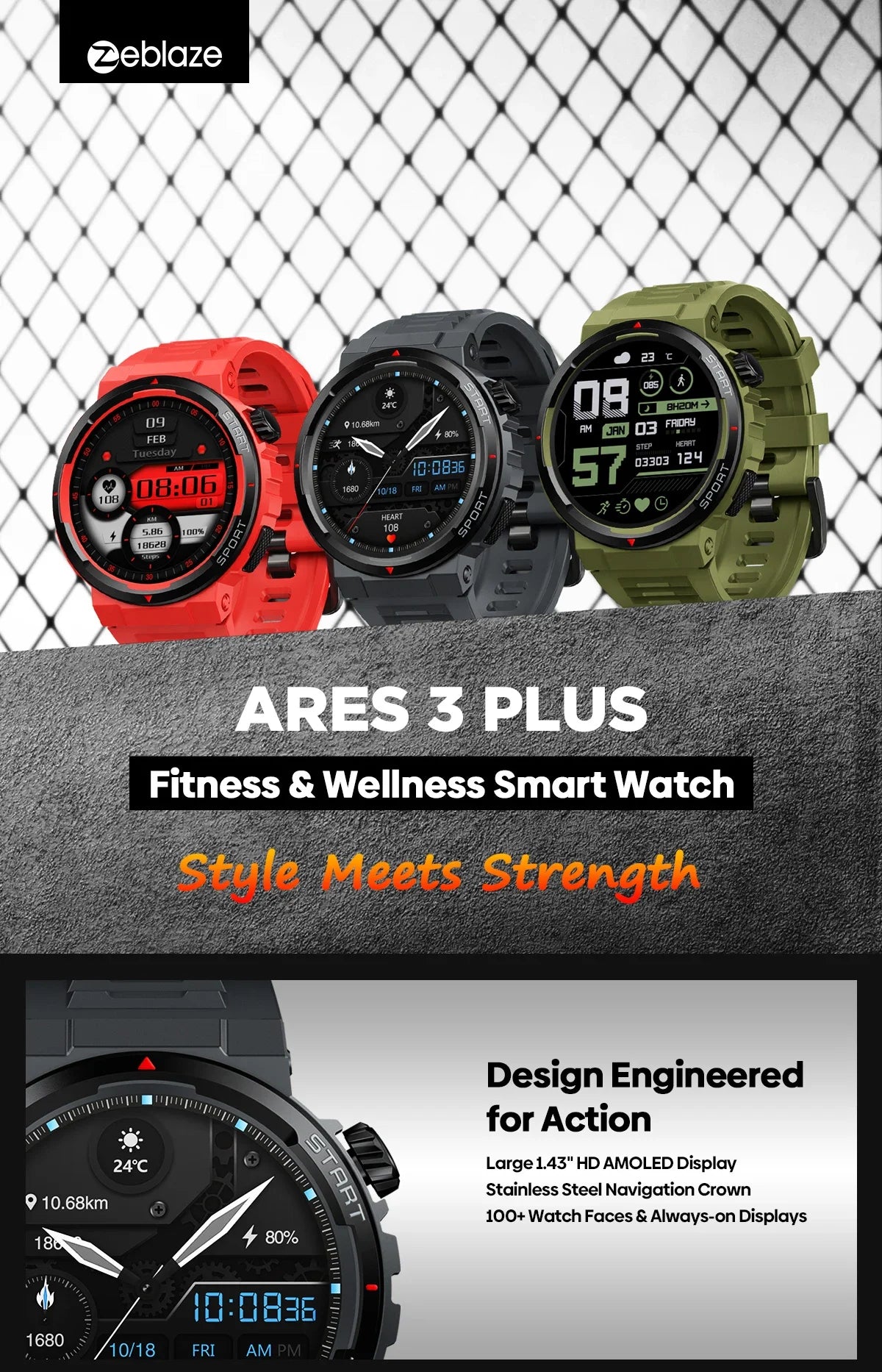 New Zeblaze Ares 3 Plus 1.43'' HD AMOLED Display Voice Calling Smartwatch New 3D Interactive Health&Fitness Tracking Smart Watch