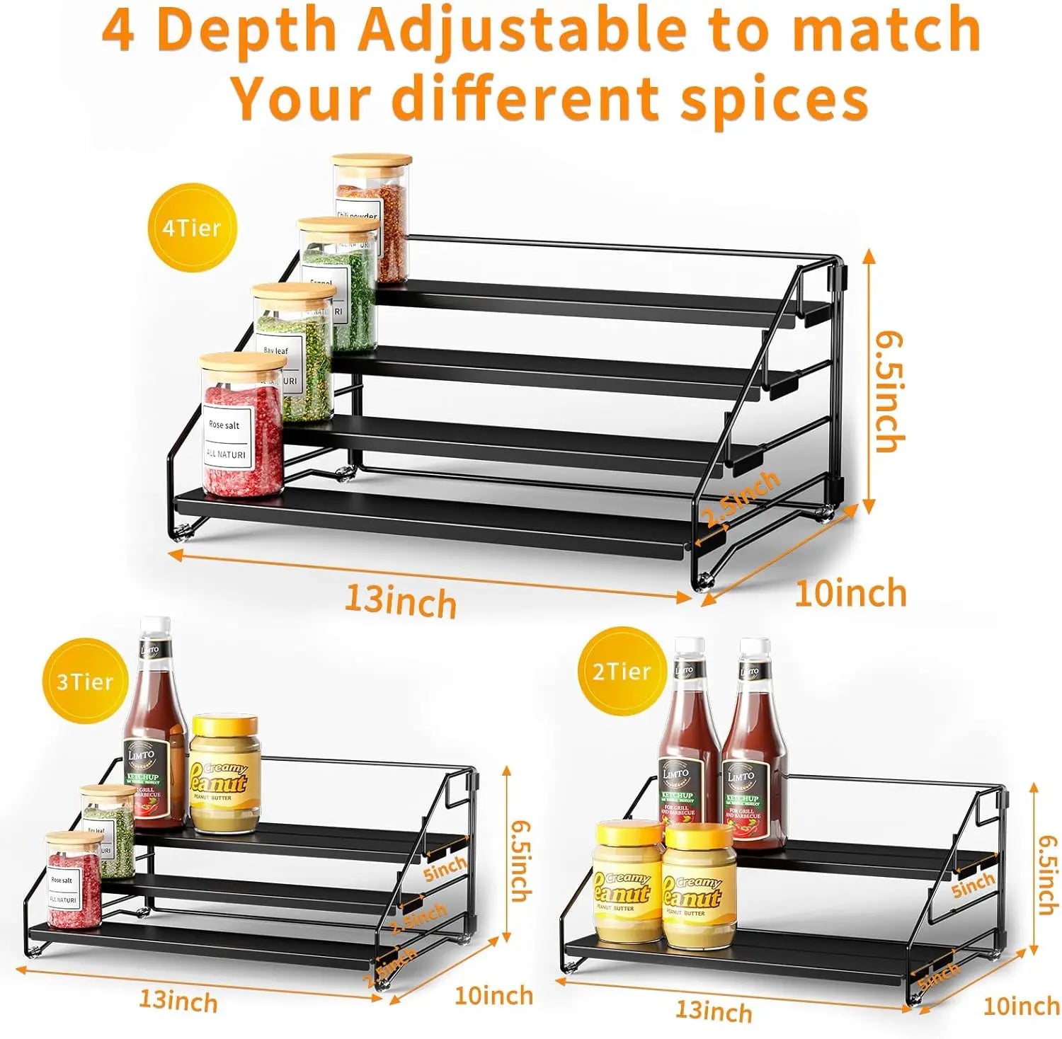 4 Tier Spice Rack Countertop Kitchen Countertop Space-Saving for Cabinet Herb Jars Storage Holder Wall Mounted Tierd Seasoning