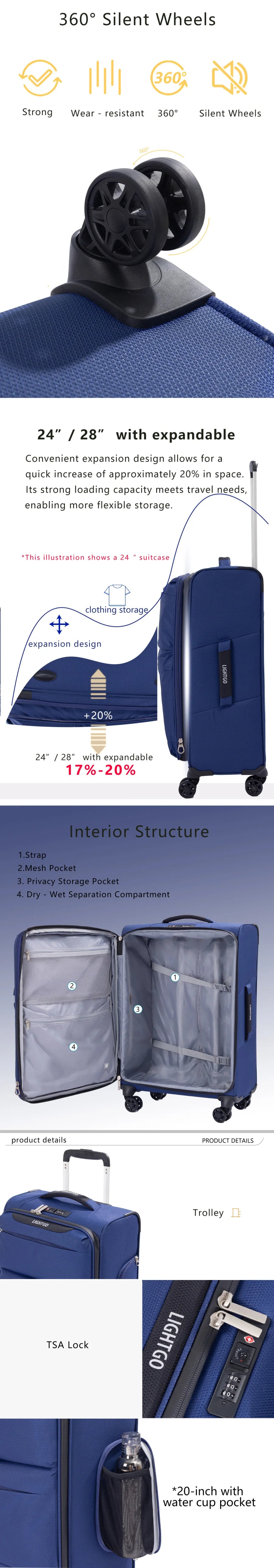 LightGo Ultra Lightweight Luggage Waterproof Expandable Large Capacity 8 Wheel Silent Spinner Check in Carry on Bag