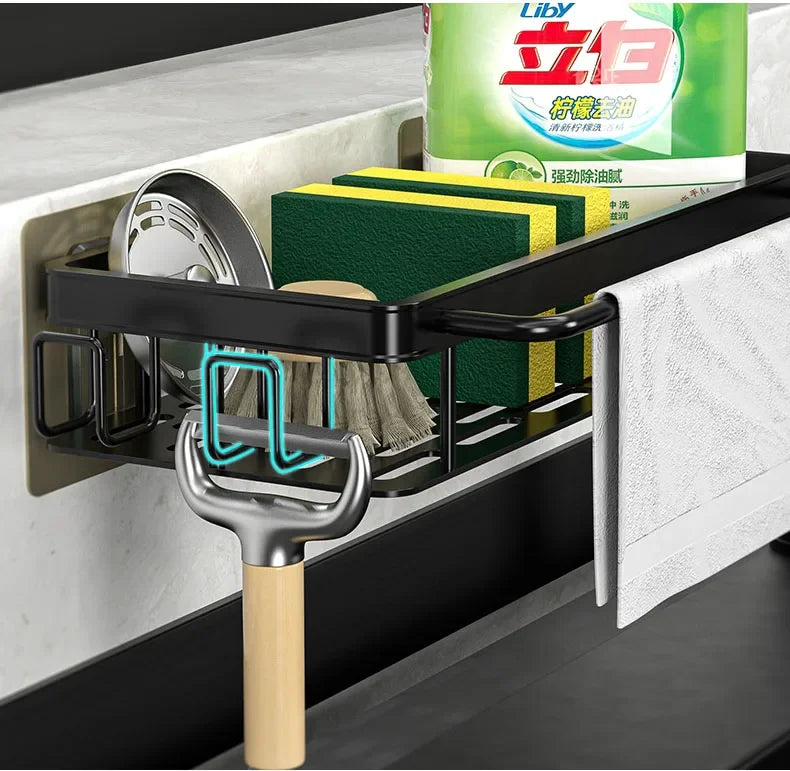 Aluminum Kitchen Storage Rack No-drill Sink Drain Rack Self-draining Sink Shelf Sponge Holder Dishcloth Towel Rack Filter Basket