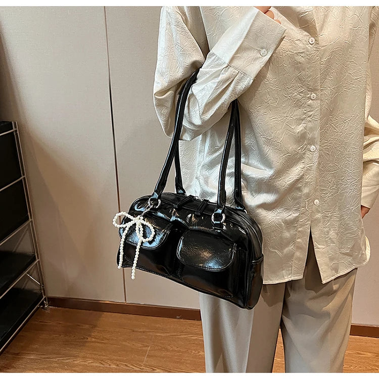 Solid Sewing Thread Fashion Glossy PU Shoulder Bags Baguette Versatile Hand Bags 2025 Hot Sale Bags for Women Bolsas Femininas