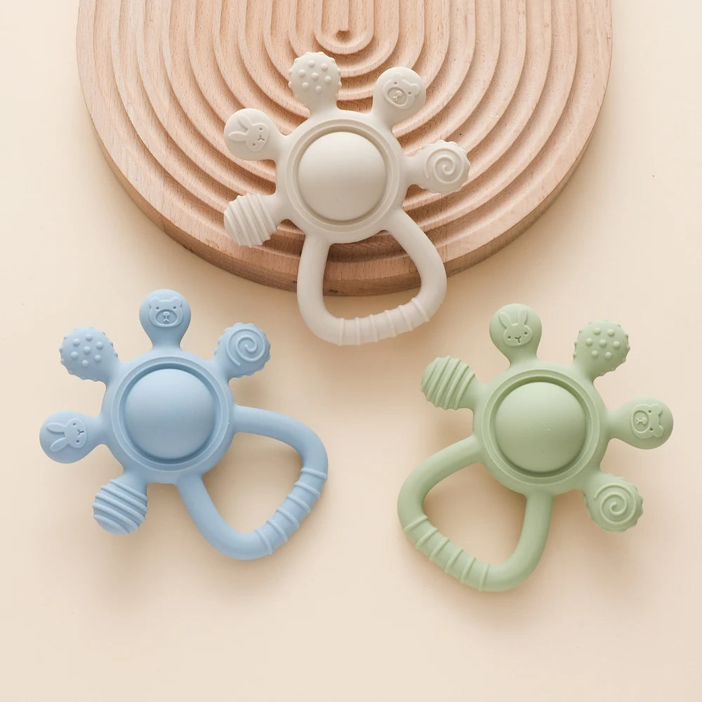 BPA Free Silicone Teether Food Grade Baby 0-12 Toys Teething Rattle Sensory Toys for Toddlers Silicone Hand Bell Soothing Toys