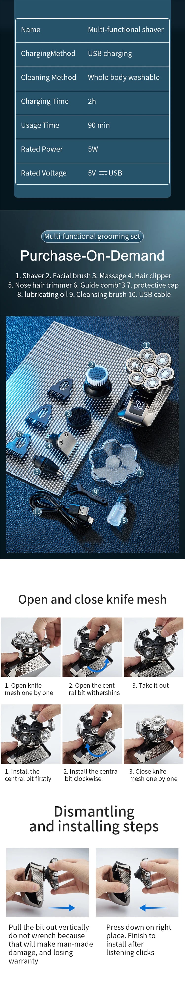 5 in1 Head Shavers for Men 7D, Cordless Bald Head Shaver Wet&Dry Waterproof Electric Razor for Men with LED Display Grooming Kit