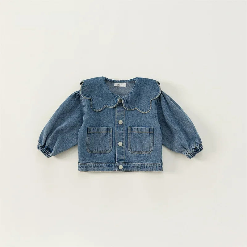 Korean Style Spring Autumn Kids Girl Denim Coat Ruffle Collar Long Sleeve Outerwear Children Fashion Versatile Clothes E82075