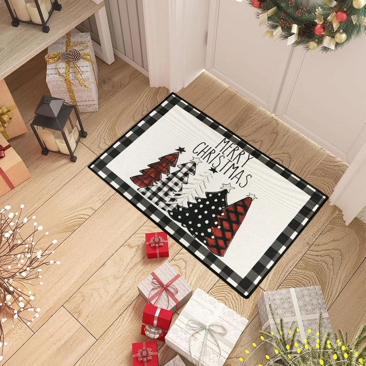 Christmas Kitchen Floor Mats, Plaid Pattern Kitchen Runner Rug for Kitchen Decoration Home 2024 Navidad Noel Gifts New Year 2025