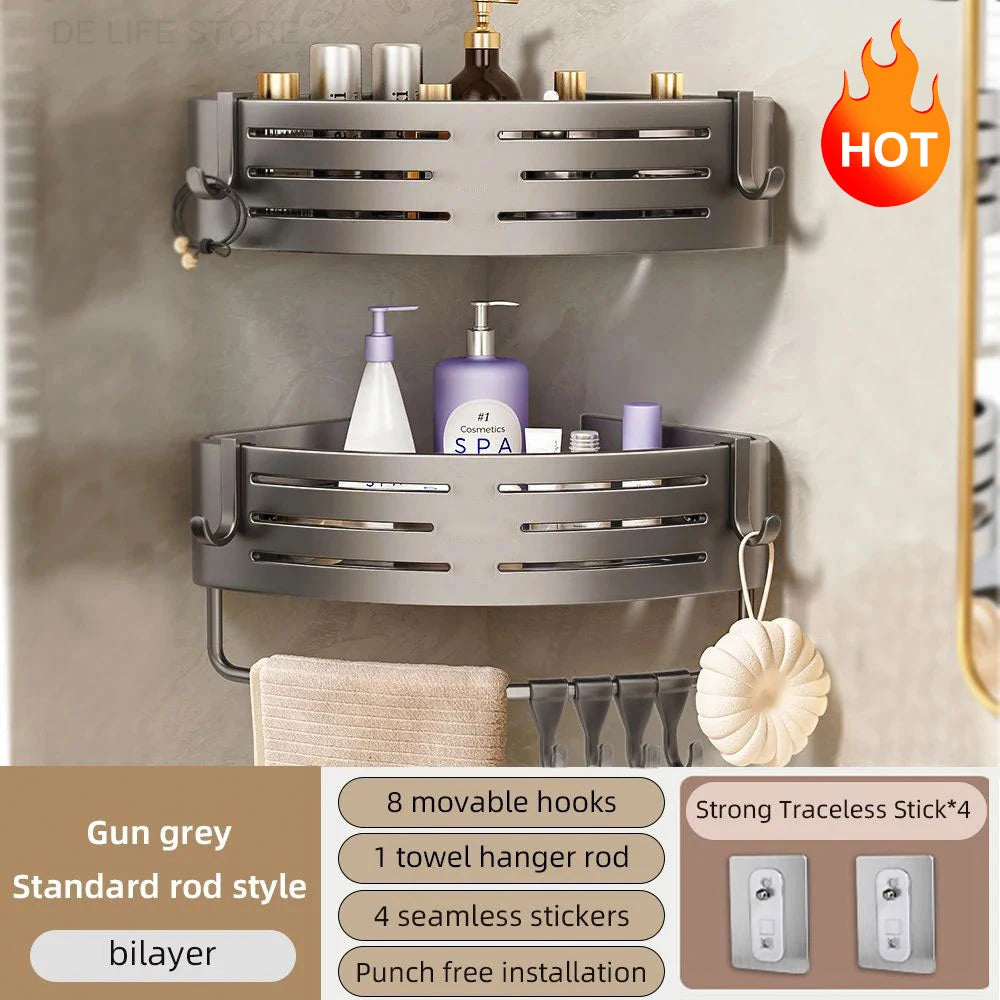 1-2PCS Bathroom Corner Shelf with Plastic Hook Towel Bar No Drill Space Aluminum Shower Storage Rack Bathroom Organizer