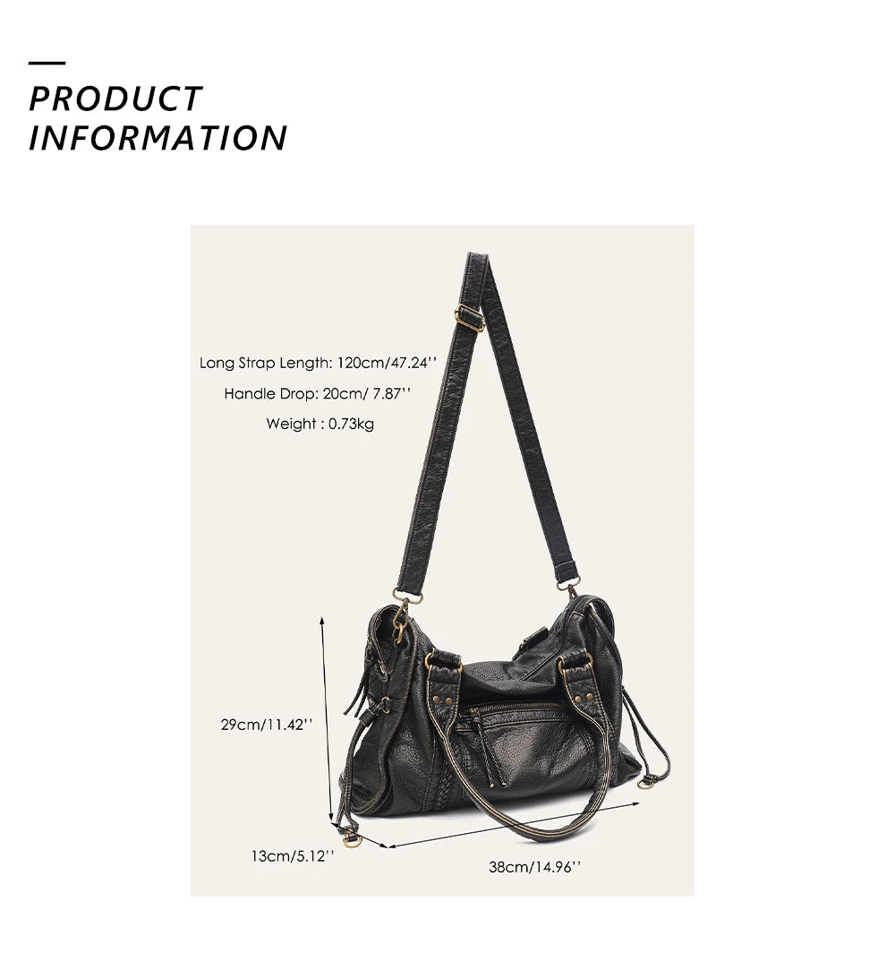 Vintage Washed PU Leather Large Capacity Tote Zip Pockets Braid Decor Shoulder Cross body Bag Unisex Women Daily Travel Handbag