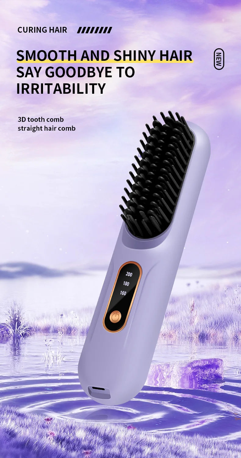 Electric Heating Straight Hair Comb LCD Screen USB Wireless Portable Negative Ion Styling Tool Rechargeable Straightening Brush