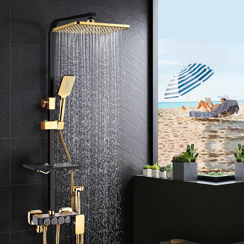 KEMAIDI Black Gold Shower Faucet Set Bathtub  4-way Mixer  Tap with Bidet and Shelf  Bathroom Rainfall Shower Systerm Wall Mount