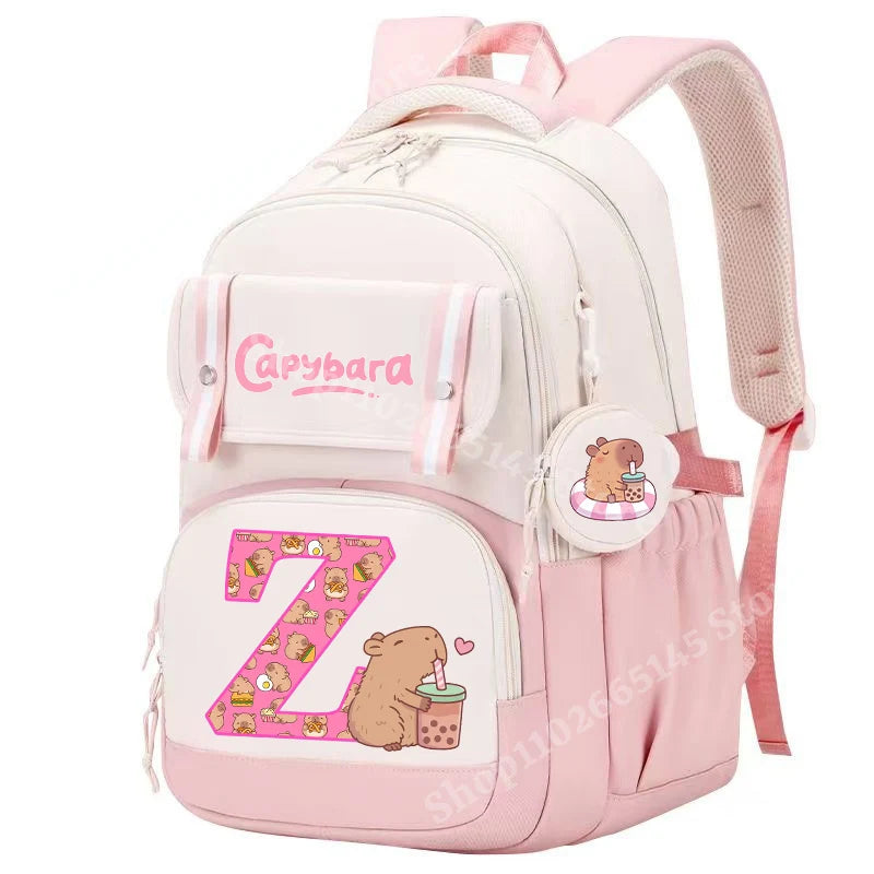 Capibara Cute Backpack Girl Anime Capybara Letter A-Z School Bags Kids Outdoor Sport Shoulders Bag Travel Rucksack Children Gift