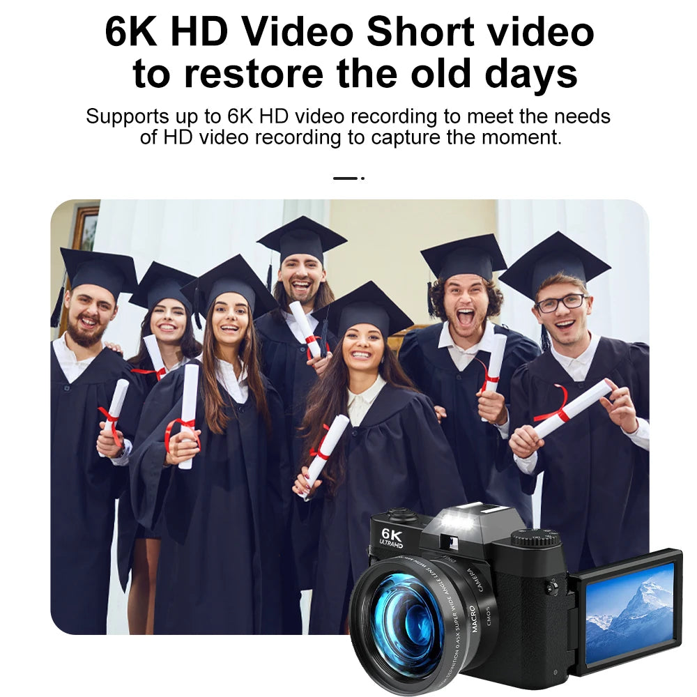 6K Digital Photography Camera 16X Digital Zoom 64MP Vintage Vlog Video Recorder YouTube 180° Flip Screen WiFi Web Cam With Flash