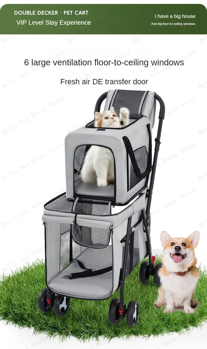 Multifunctional double-layer pet cart Lightweight and foldable pet outdoor travel stroller Ventilated and breathable dog cart