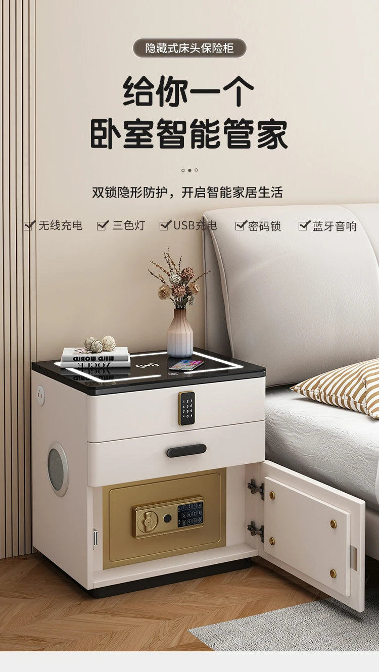 Safe Luxury Bedside Table With Lock Secret Compartment Glamour Metal Nightstands Designer Multifunctional Criado Mudo Furnitures