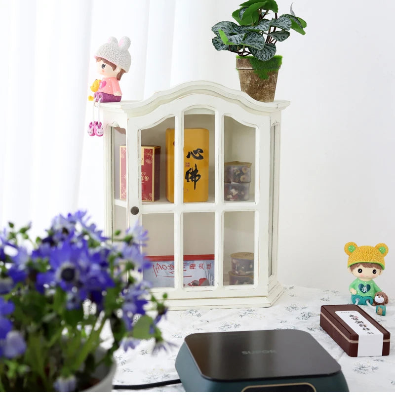 ‌Rustic Farmhouse Display Cabinet with Glass Doors Distressed White Solid Wood Storage Organizer for Kitchen/Office Vintage