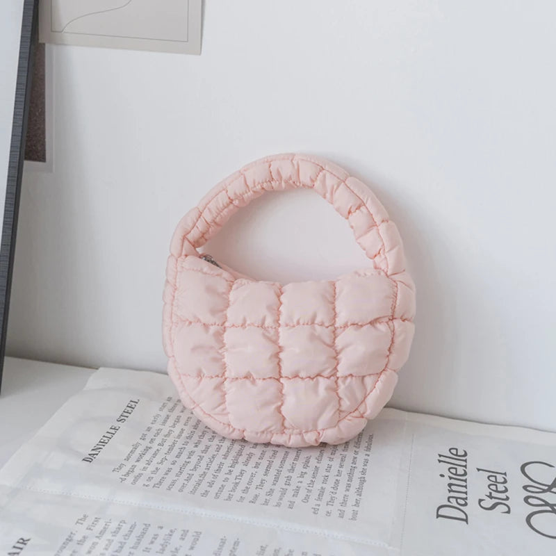 Candy bag Fashion Mini Puffer Tote Bag Quilted Circle Phone Purse  Elegant  Soft Nylon Padded Key Pouch Simple Trend Handbag
